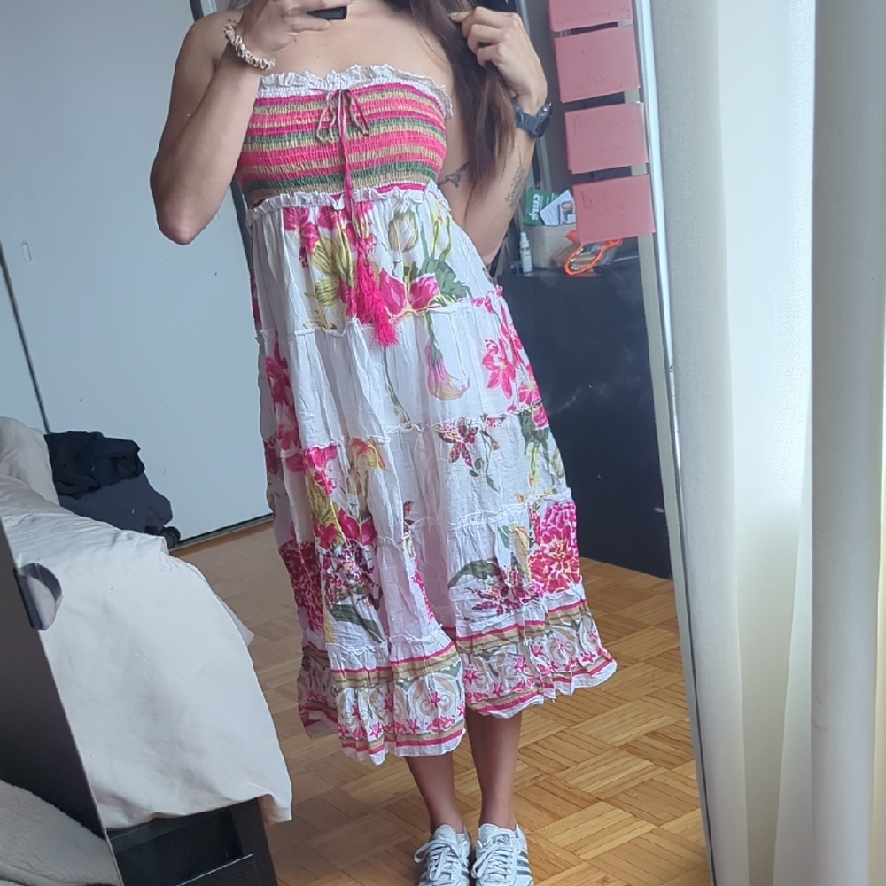 Chic Strapless Floral Dress in Pink and White